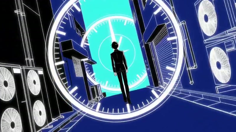 2D 动画中，人物站在巨型钟面中央，两侧是成排的音响与蓝色霓虹线