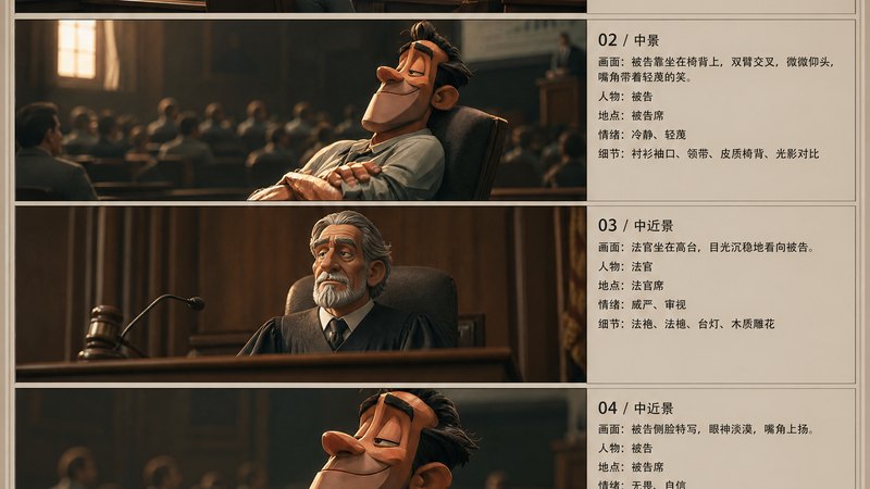 《自信的被告》故事板第一页，六格分镜与画面、人物、情绪标注