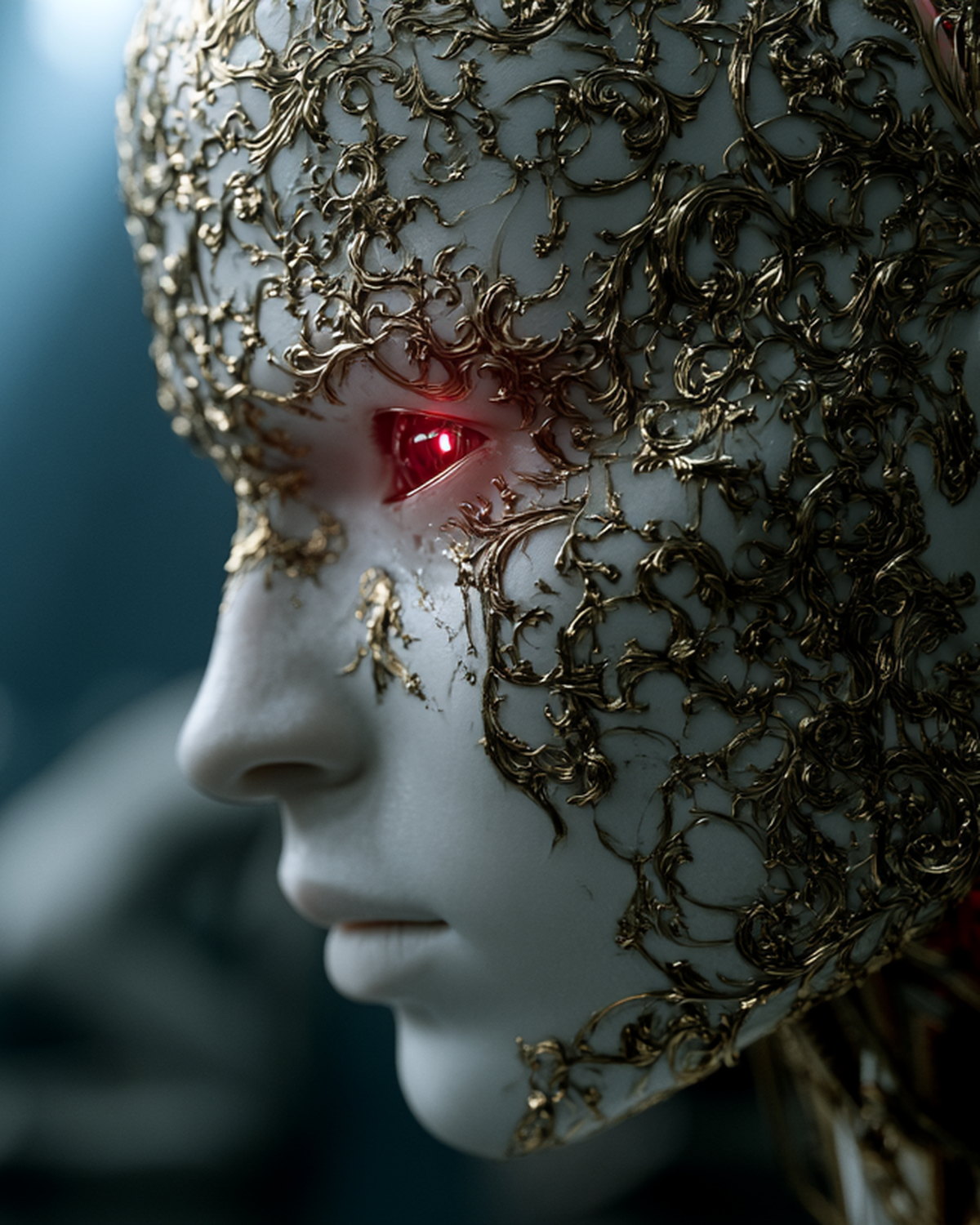 白瓷与金色藤蔓覆盖的义体女性侧脸，红色机械眼