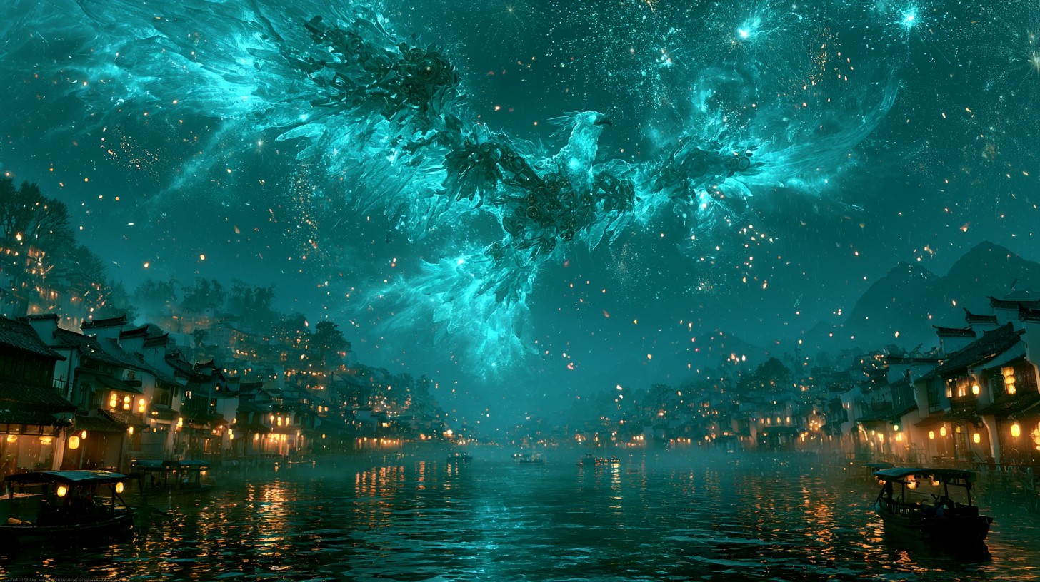 青绿色夜空下，银河化成巨鸟，两岸是灯火水乡